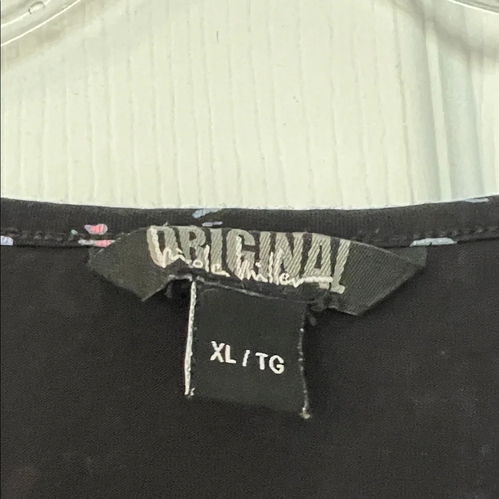 4/$20 Nicole Miller Black Blouse with Pink and Blue Floral Pattern - Picture 2 of 4